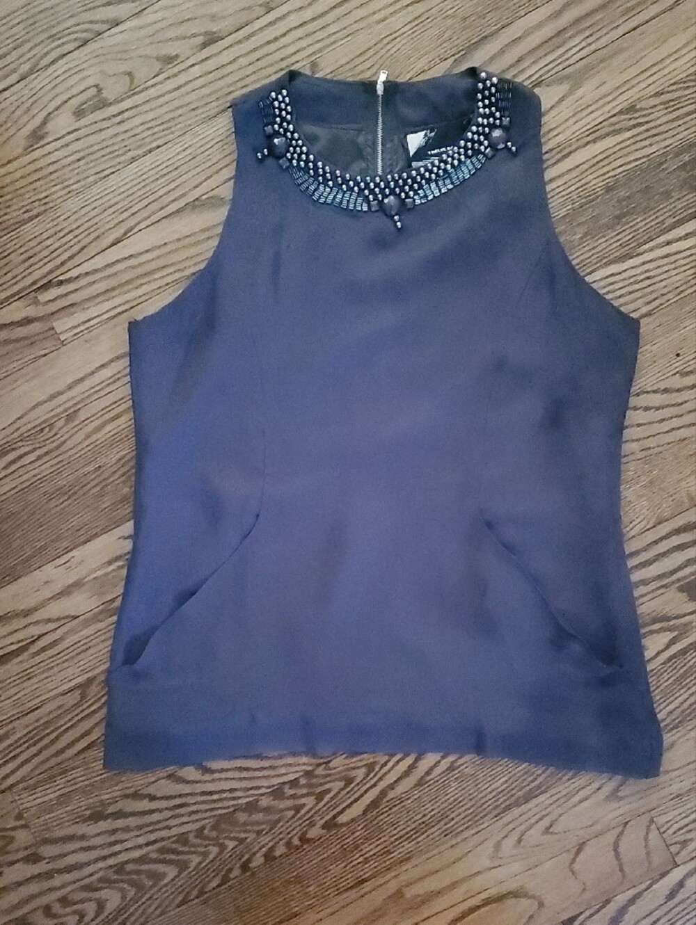 Sleeveless Beaded Neck Shell Top - Charcoal Grey